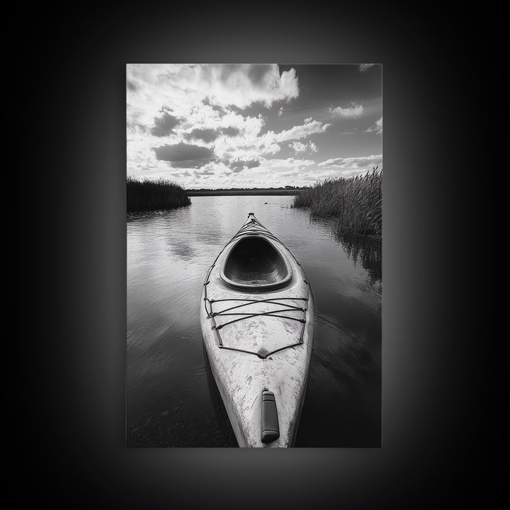 Kayak Lake View, Serene Water Landscape, Outdoor Adventure Art, Canvas Print, Cabin Wall Decor, Nature Lover Gift, Minimalist Water Art