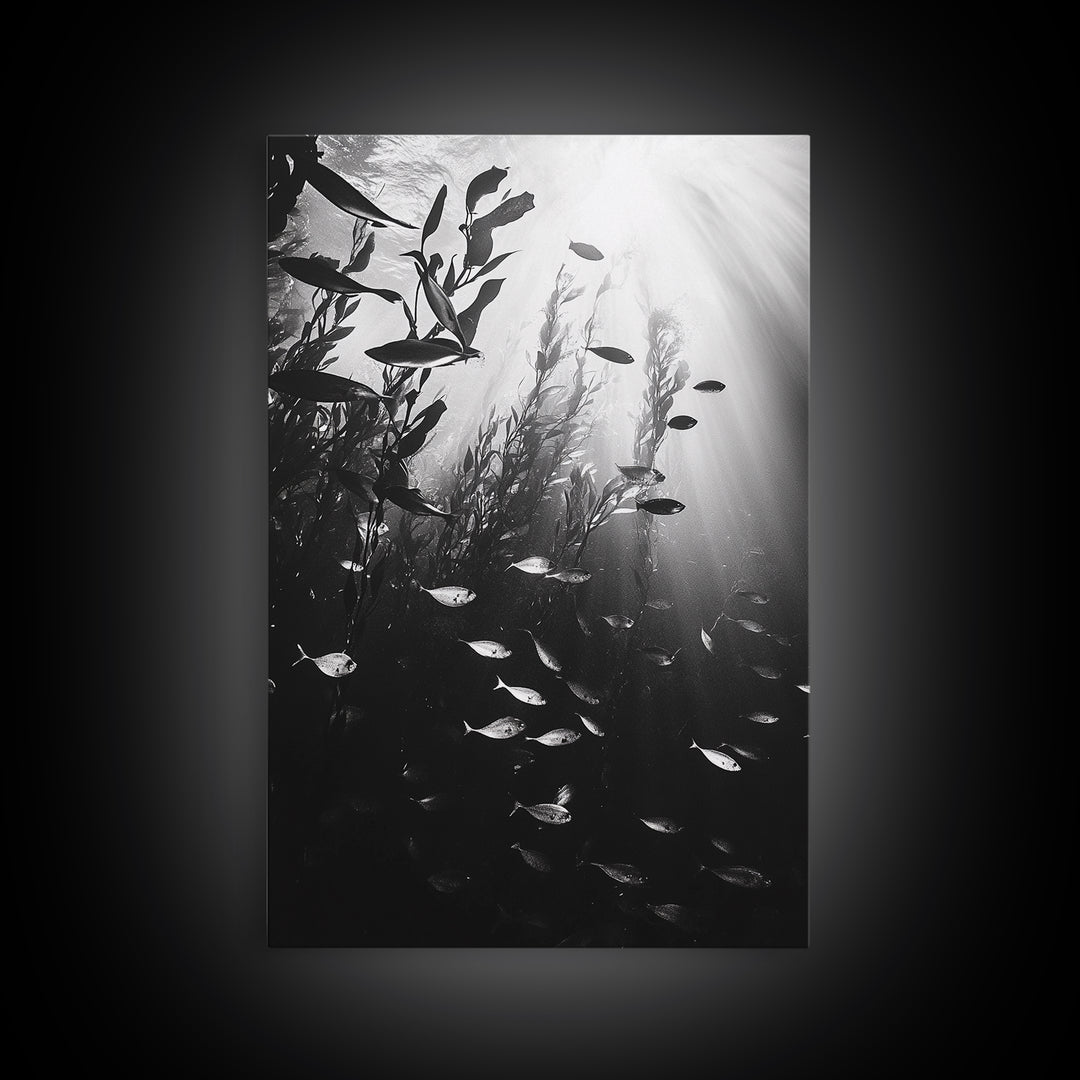 Kelp Forest Depth, Underwater Fish Scene, Ocean Life, Canvas Print, Marine Wall Art, Coastal Decor, Moody Nature Photography, Bathroom Art