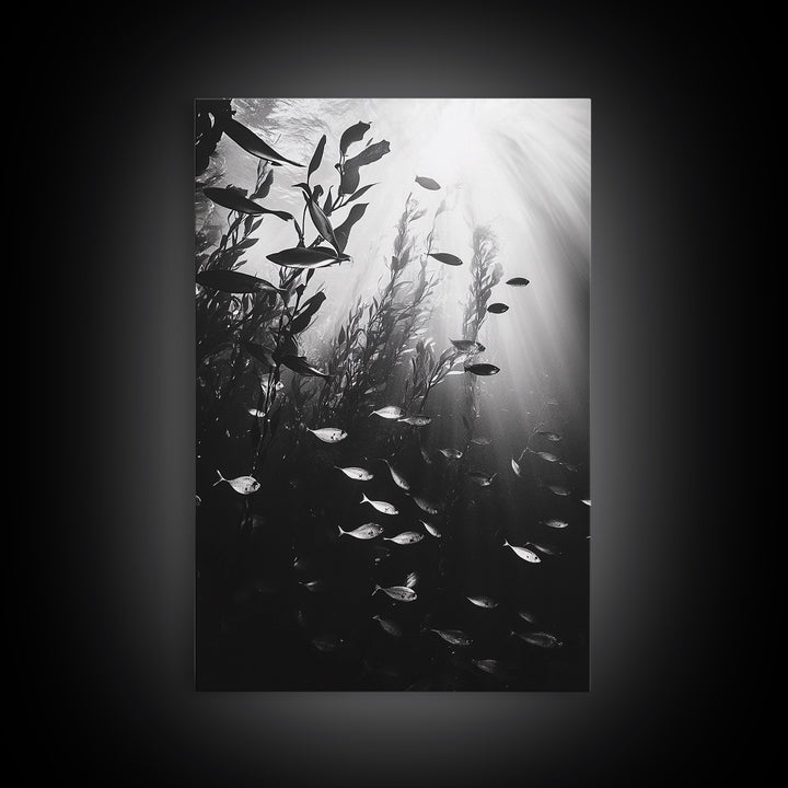 Kelp Forest Depth, Underwater Fish Scene, Ocean Life, Canvas Print, Marine Wall Art, Coastal Decor, Moody Nature Photography, Bathroom Art