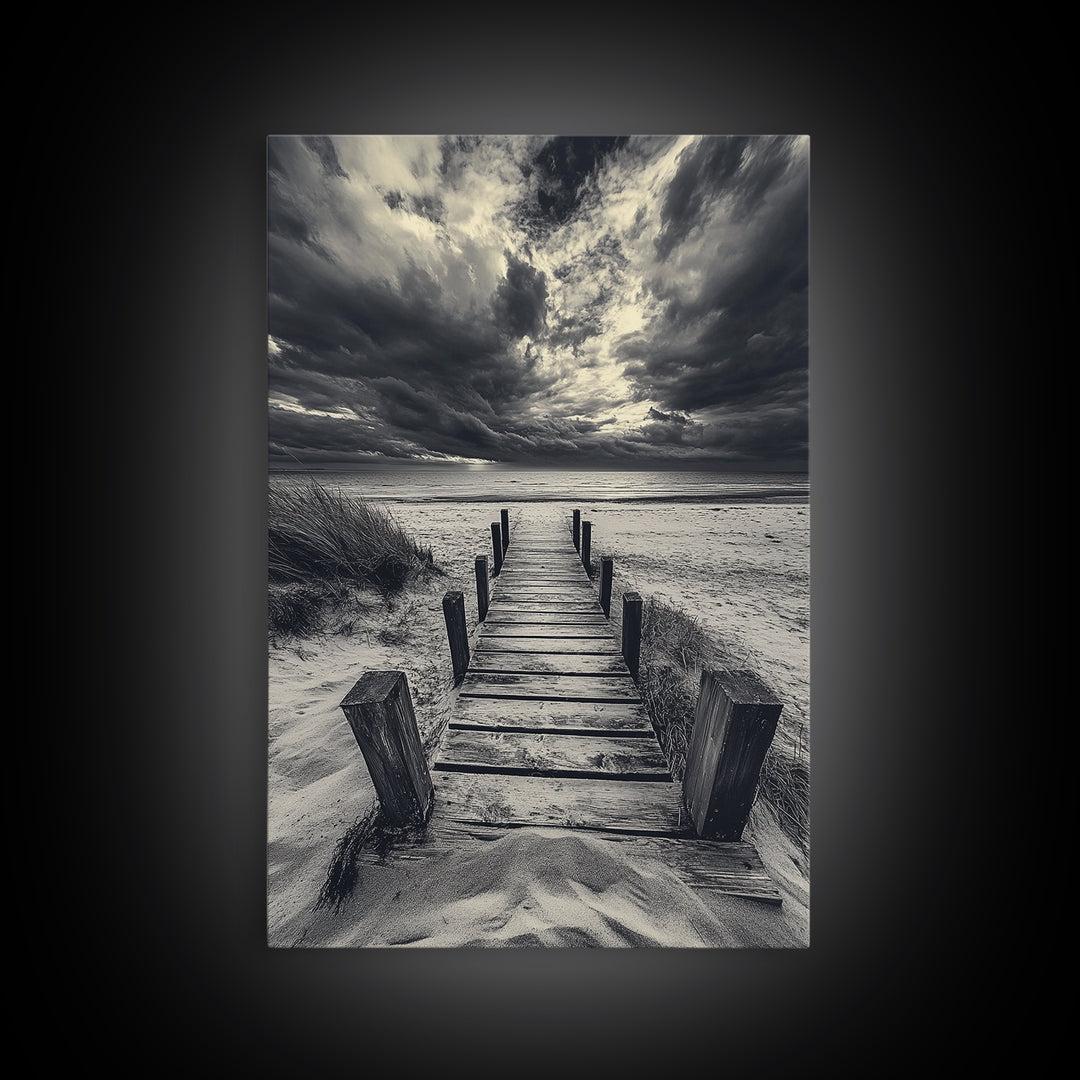 Stormy Beach Dock, Dramatic Skies, Coastal Mood, Framed Canvas Print, Fall Wall Art, Entryway Decor, Moody Seascape, Rustic Coastal Home