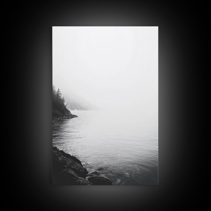 Misty Lakeshore, Foggy Forest Water, Monochrome Tranquility, Framed Canvas Print, Minimalist Art, Calm Landscape, Bedroom Wall Decor