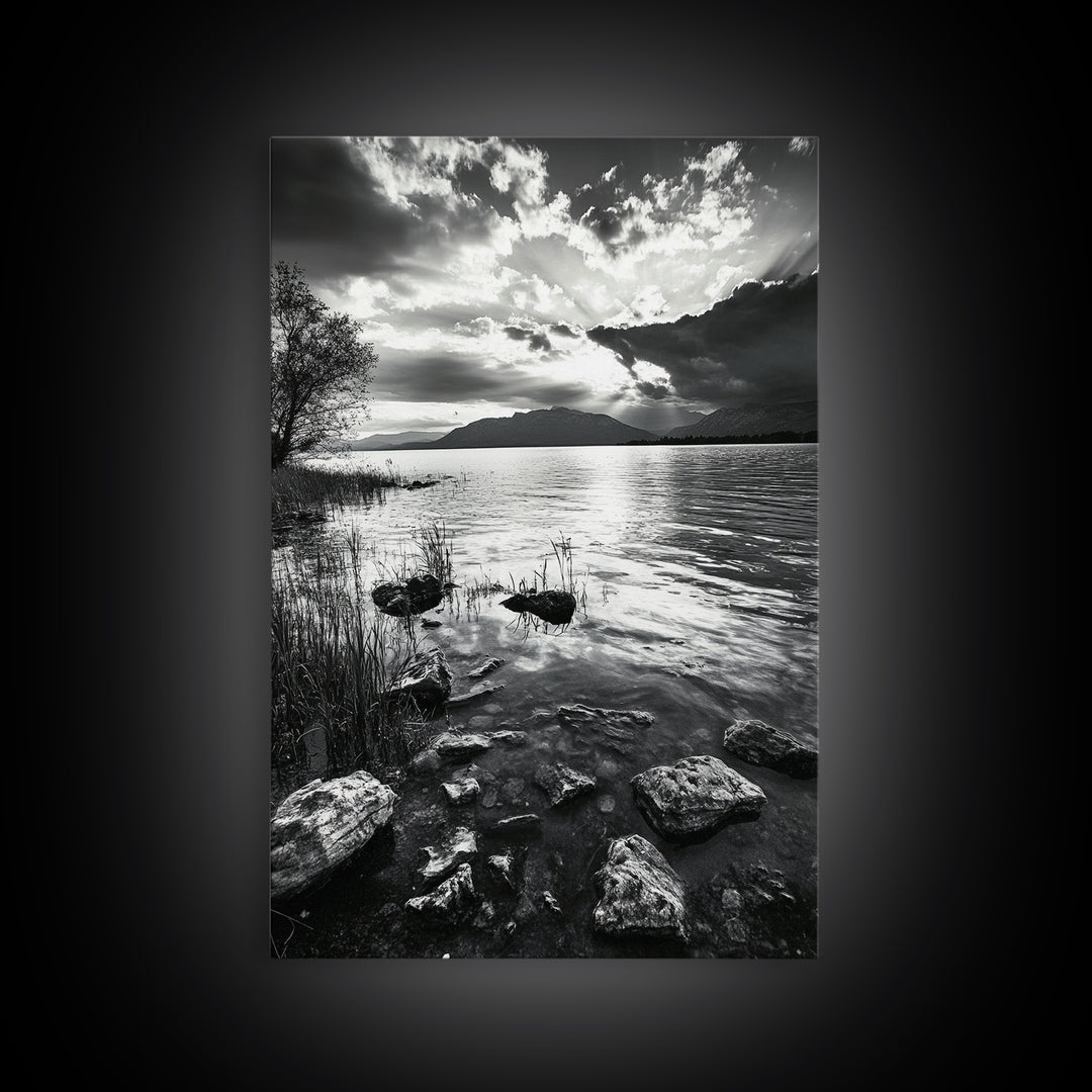 Lake Sunset View, Peaceful Mountainscape, Nature Reflection, Framed Canvas Print, Living Room Wall Art, Tranquil Scenic Landscape
