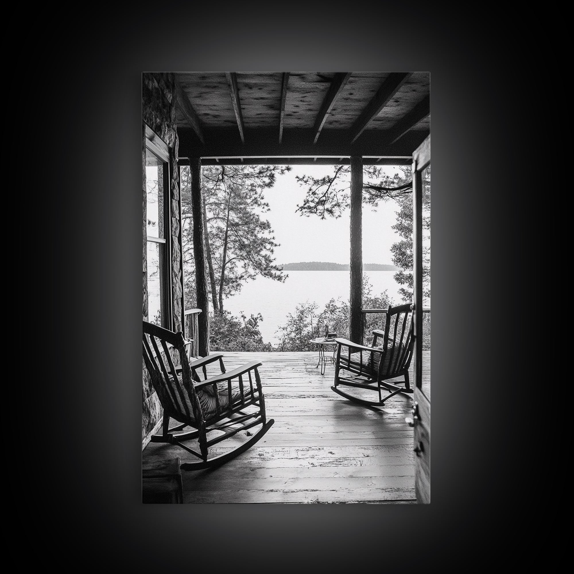 Rustic Porch View, Cabin Serenity, Lakefront Rocking Chairs, Framed Canvas Print, Farmhouse Wall Art, Living Room Decor, Fall Home Style
