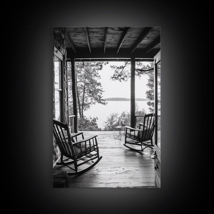 Rustic Porch View, Cabin Serenity, Lakefront Rocking Chairs, Framed Canvas Print, Farmhouse Wall Art, Living Room Decor, Fall Home Style