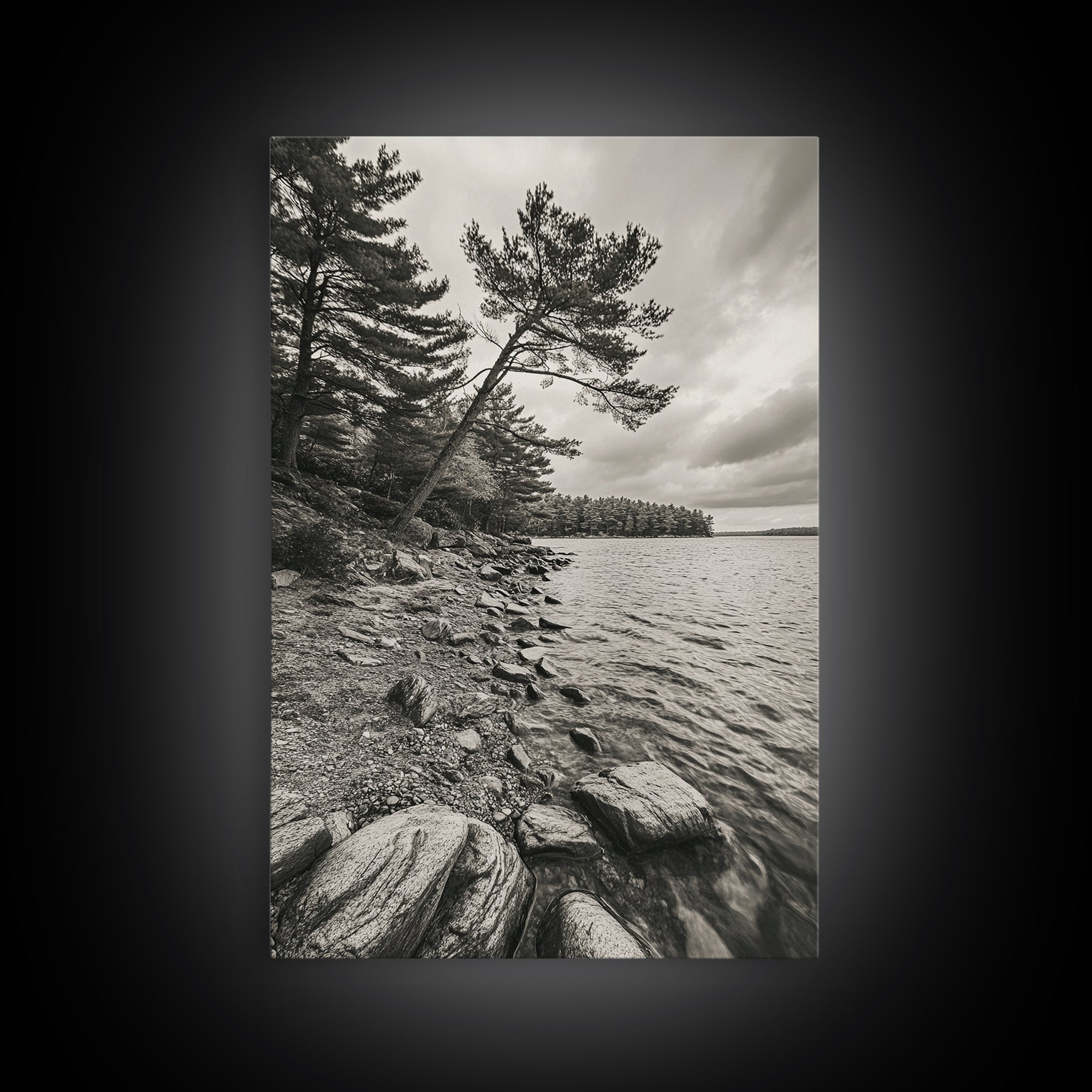 Pine Shoreline Landscape, Calm Water Trees, Autumn Mood, Canvas Print, Rustic Cabin Wall Art, Bedroom Nature Decor, Earthy Photography