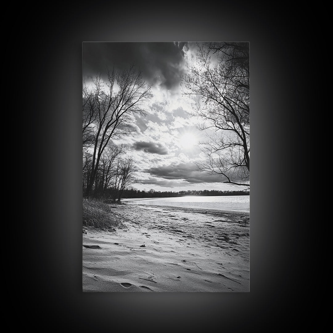 Dramatic Beach Sunset, Bare Trees Silhouette, Nature Photography, Framed Canvas Print, Fall Wall Art, Entryway Decor, Rustic Minimalist