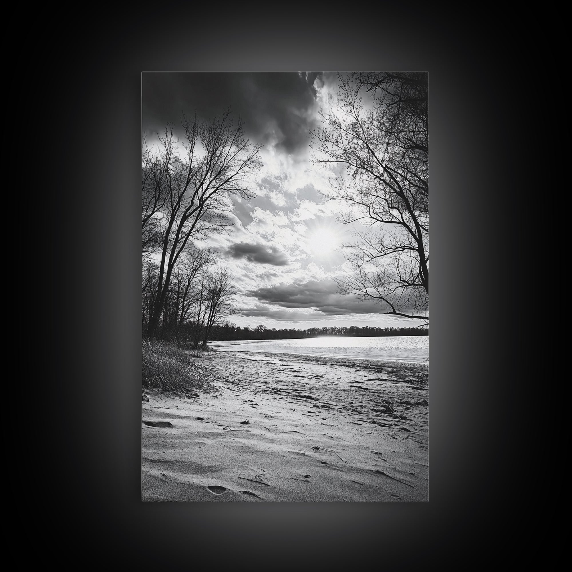 Dramatic Beach Sunset, Bare Trees Silhouette, Nature Photography, Framed Canvas Print, Fall Wall Art, Entryway Decor, Rustic Minimalist