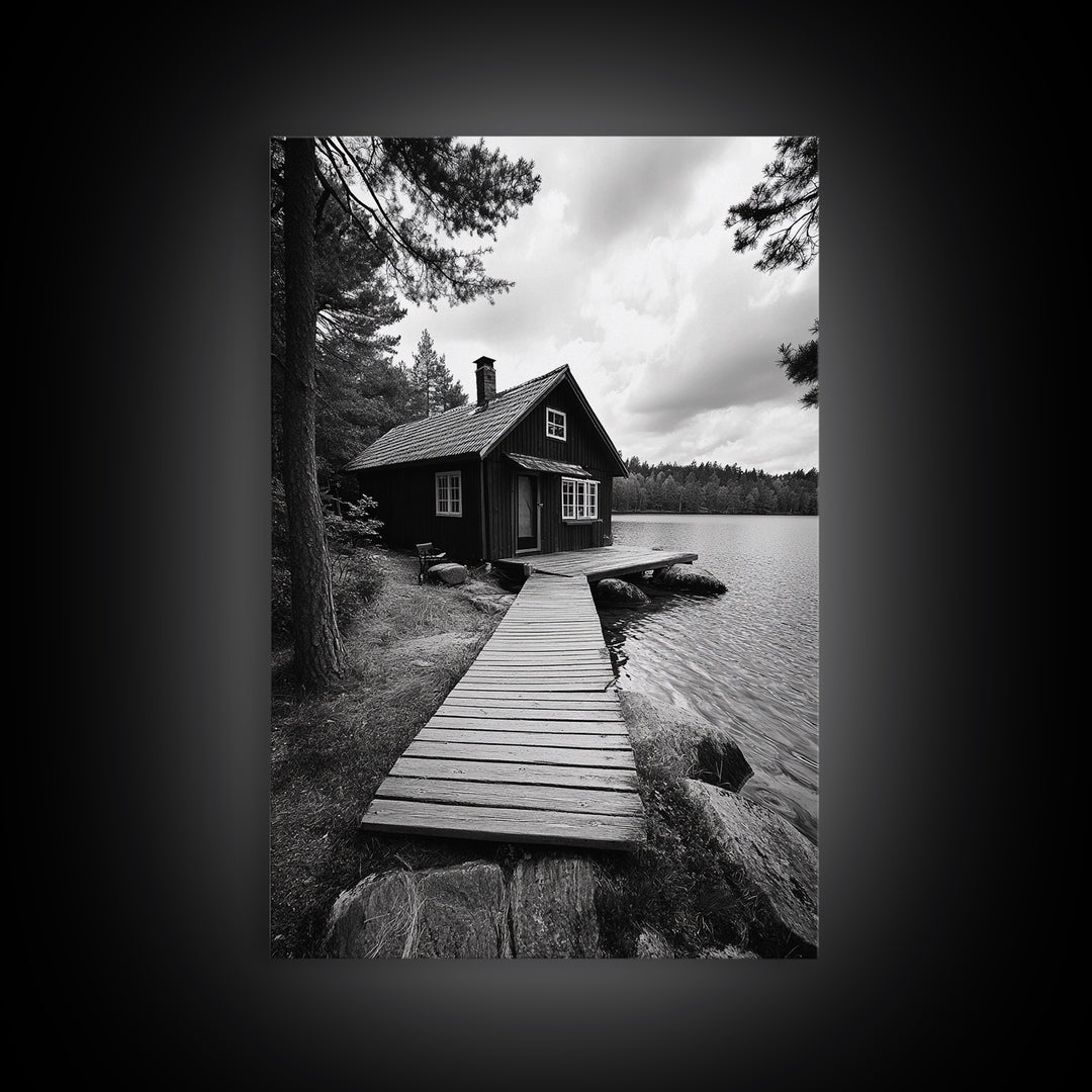 Lake Cabin Path, Nordic Forest Retreat, Nature Escape, Canvas Print, Cozy Wall Art, Scandinavian Decor, Fall Rustic Living Room Art