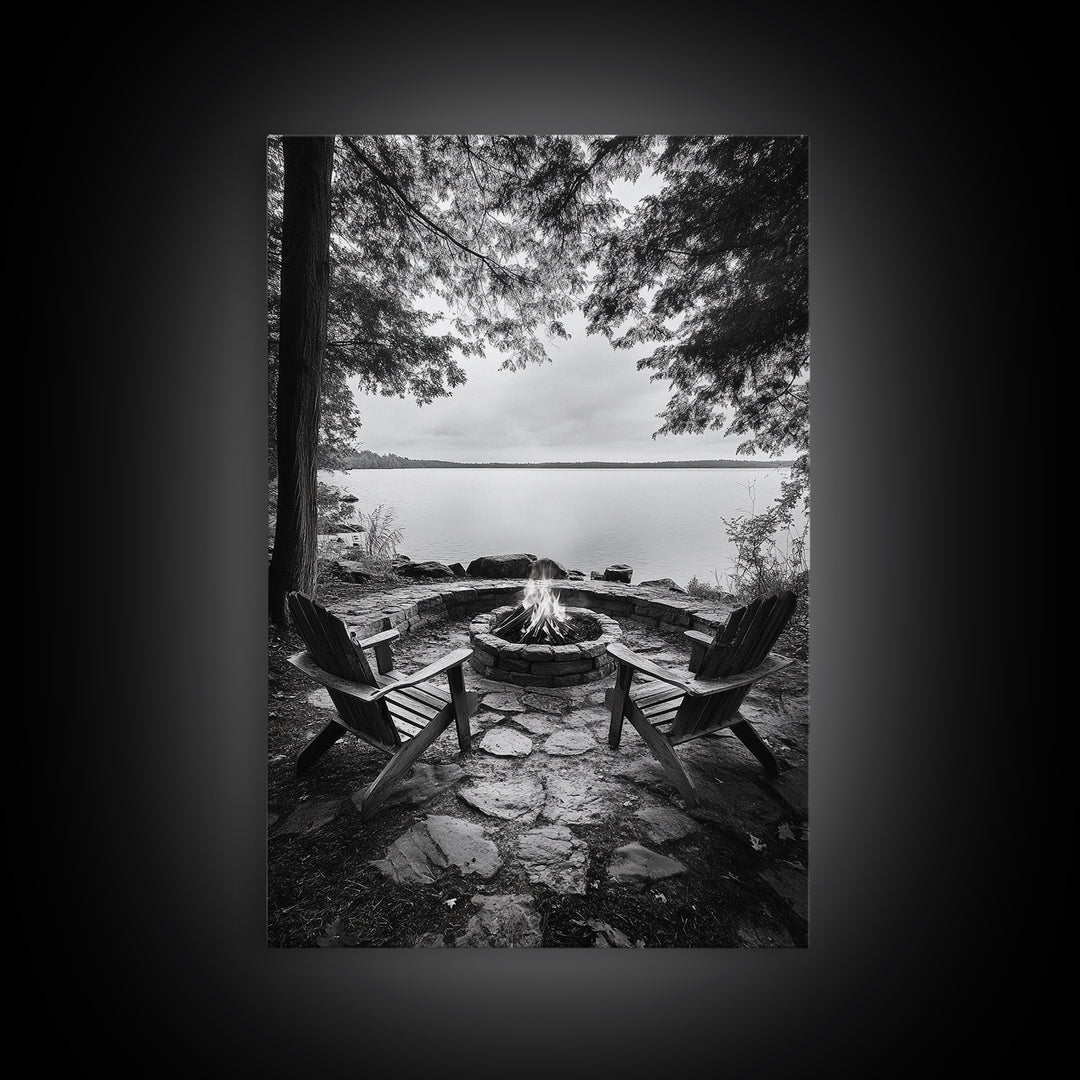 Campfire Lake Night, Adirondack Chairs, Wilderness Glow, Framed Canvas Print, Outdoor Living Wall Art, Cabin Decor, Autumn Retreat Art