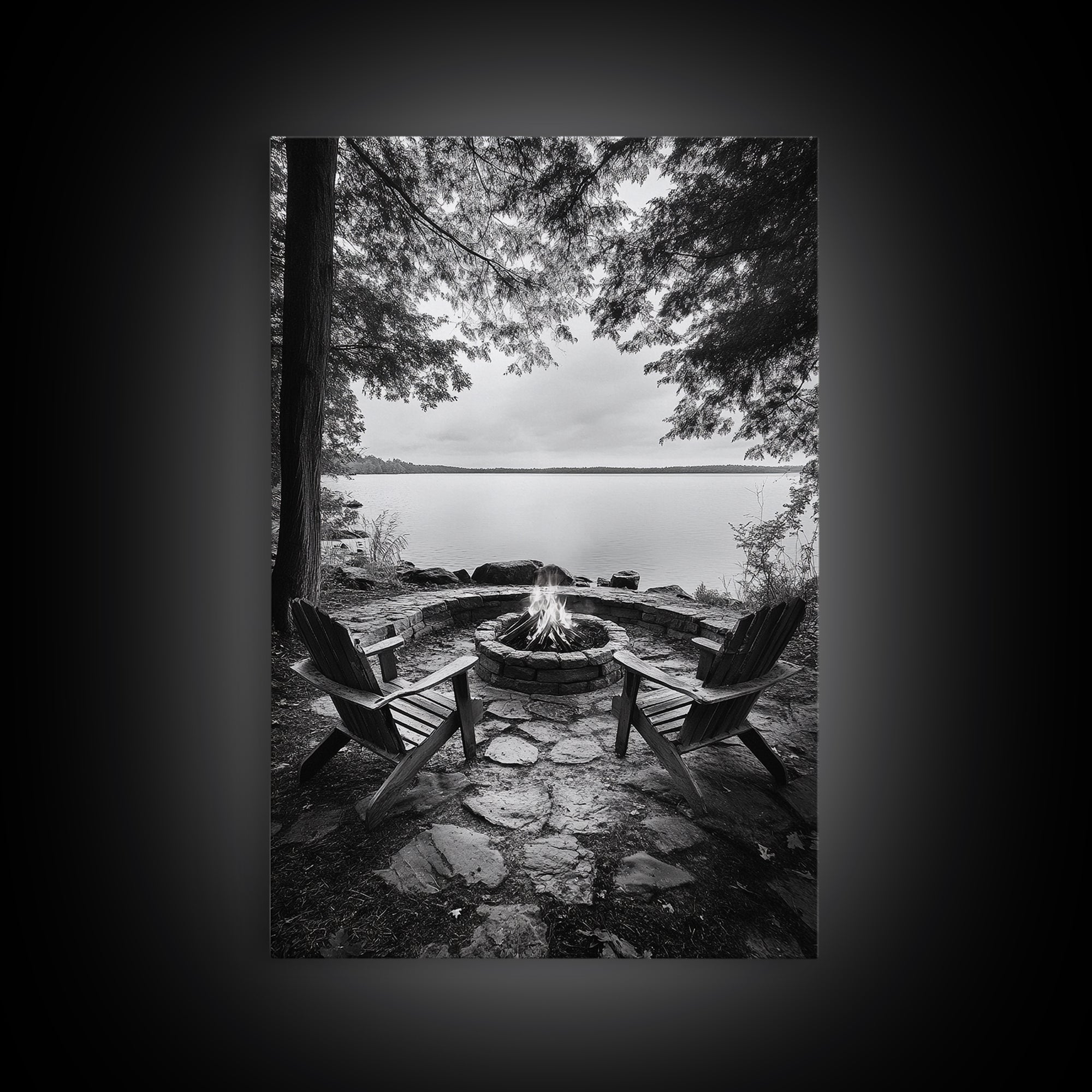 Campfire Lake Night, Adirondack Chairs, Wilderness Glow, Framed Canvas Print, Outdoor Living Wall Art, Cabin Decor, Autumn Retreat Art