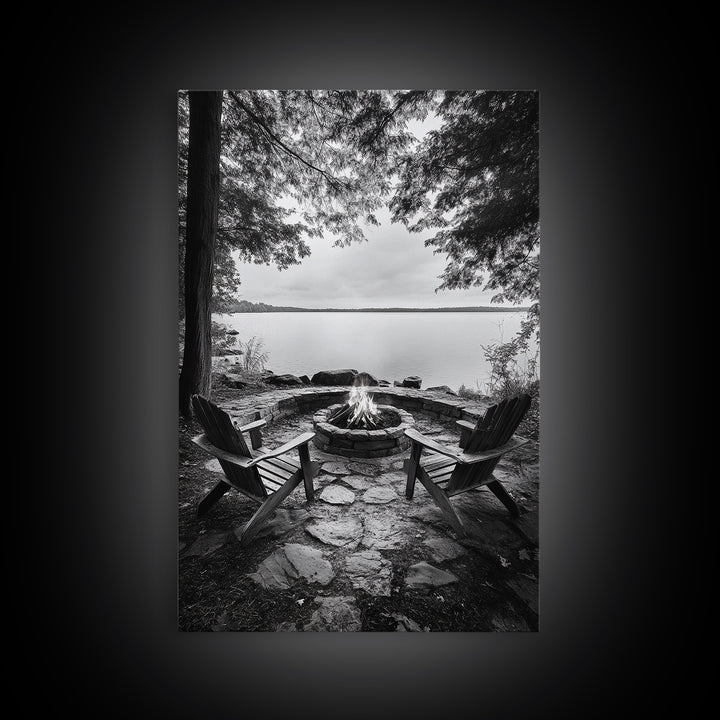 Campfire Lake Night, Adirondack Chairs, Wilderness Glow, Framed Canvas Print, Outdoor Living Wall Art, Cabin Decor, Autumn Retreat Art