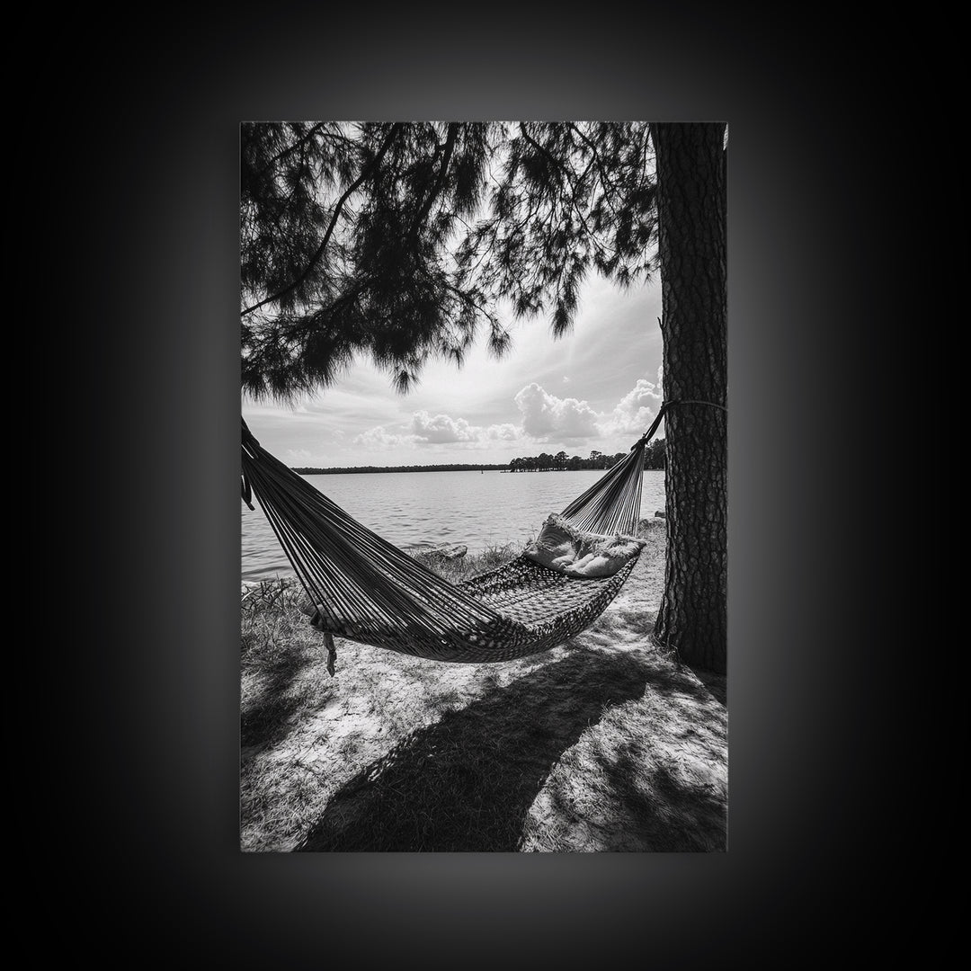 Hammock Lake View, Peaceful Retreat, Summer Breeze, Canvas Print, Boho Outdoor Art, Bedroom Relaxation Decor, Minimalist Coastal Vibe