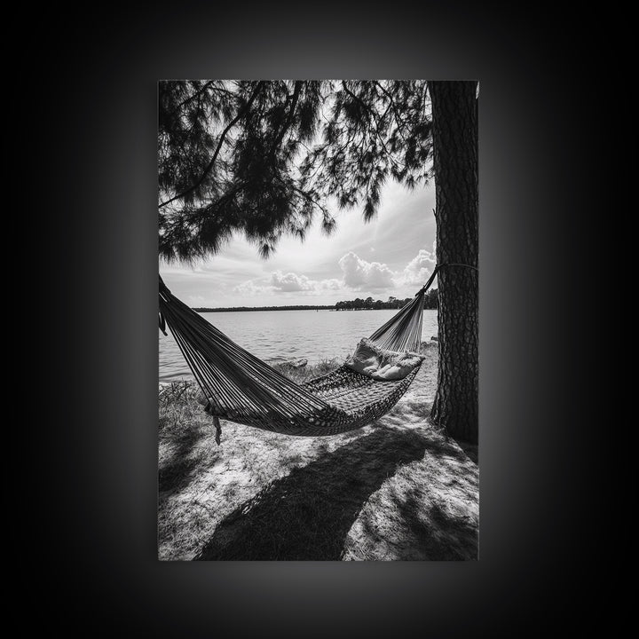 Hammock Lake View, Peaceful Retreat, Summer Breeze, Canvas Print, Boho Outdoor Art, Bedroom Relaxation Decor, Minimalist Coastal Vibe
