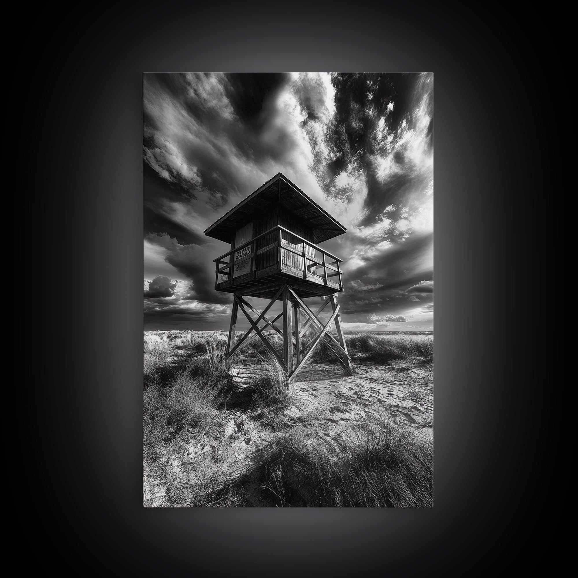 Lifeguard Tower Drama, Windy Beach Sky, Ocean Landscape, Canvas Print, Coastal Wall Art, Moody Surreal Decor, Living Room Statement Art