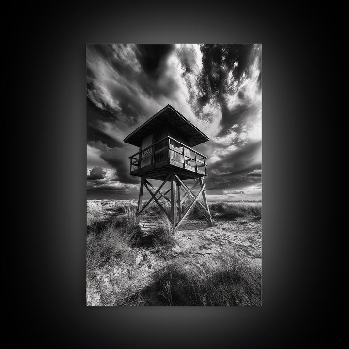 Lifeguard Tower Drama, Windy Beach Sky, Ocean Landscape, Canvas Print, Coastal Wall Art, Moody Surreal Decor, Living Room Statement Art