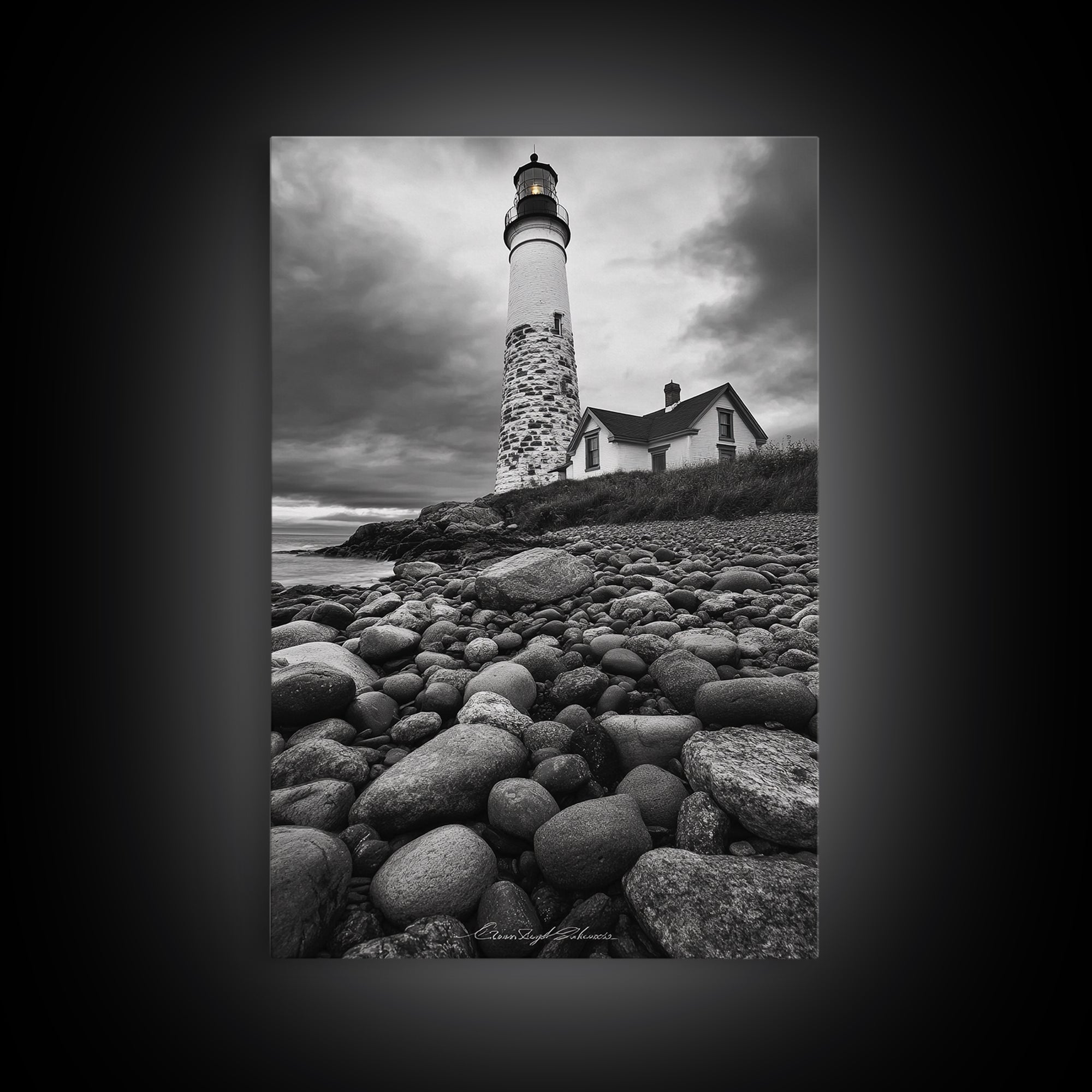 Lighthouse Shore Rocks, Coastal Beacon, Moody Clouds, Framed Canvas Print, Nautical Wall Art, Rustic Beach House Decor, Fall Storm Style