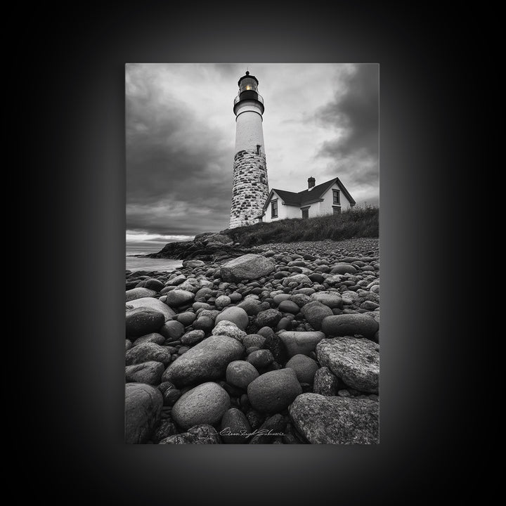 Lighthouse Shore Rocks, Coastal Beacon, Moody Clouds, Framed Canvas Print, Nautical Wall Art, Rustic Beach House Decor, Fall Storm Style