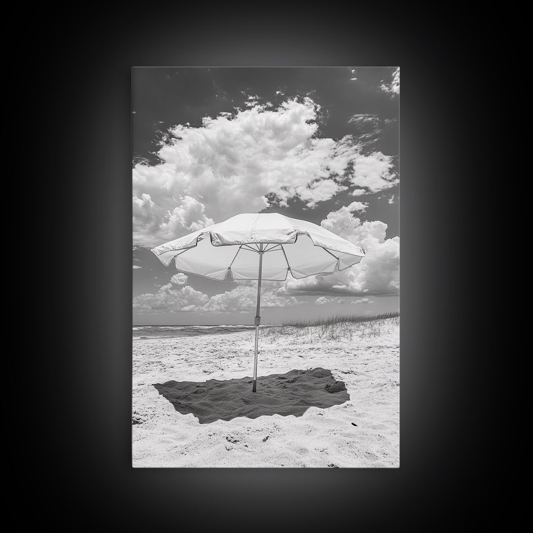 Beach Umbrella, Sunny Escape, Coastal Cloudscape, Framed Canvas Print, Summer Vibe Wall Art, Outdoor Living Decor, Travel Mood