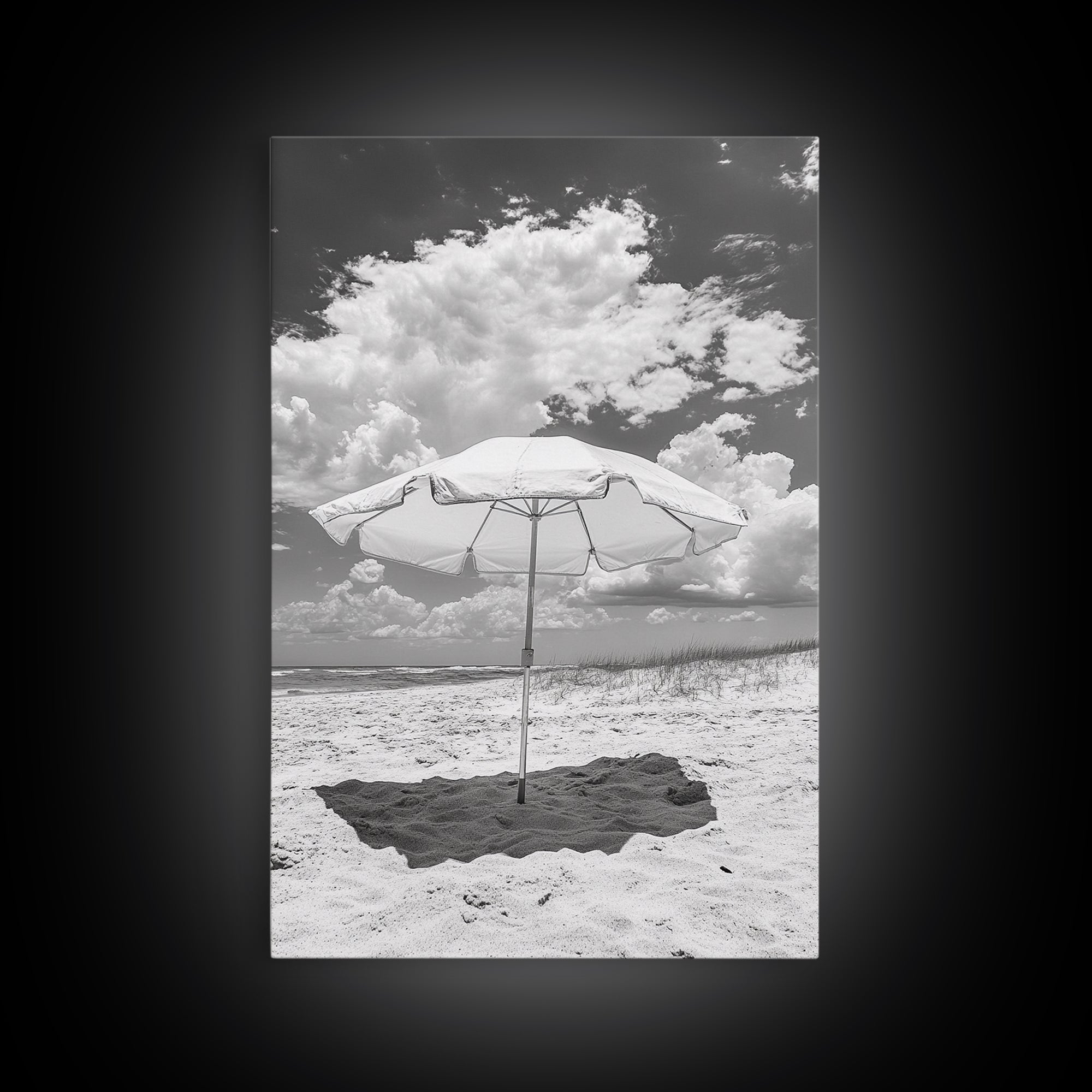 Beach Umbrella, Sunny Escape, Coastal Cloudscape, Framed Canvas Print, Summer Vibe Wall Art, Outdoor Living Decor, Travel Mood