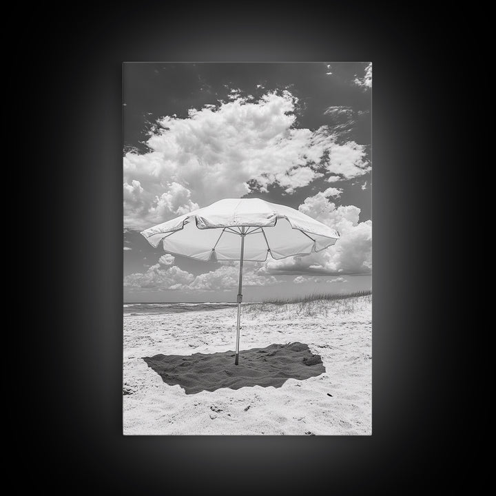 Beach Umbrella, Sunny Escape, Coastal Cloudscape, Framed Canvas Print, Summer Vibe Wall Art, Outdoor Living Decor, Travel Mood