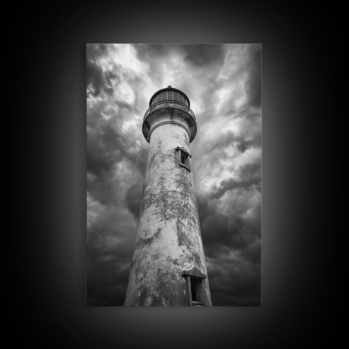 Stormy Lighthouse Closeup, Dramatic Skies, Weathered Beacon, Canvas Print, Coastal Decor, Dark Nautical Wall Art, Moody Ocean Theme