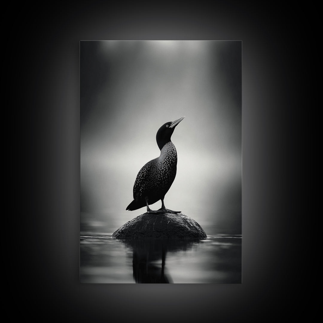 Loon on Rock, Morning Mist, Water Bird Focus, Canvas Print, Minimalist Animal Art, Office Decor, Tranquil Lake Scene Wall Art