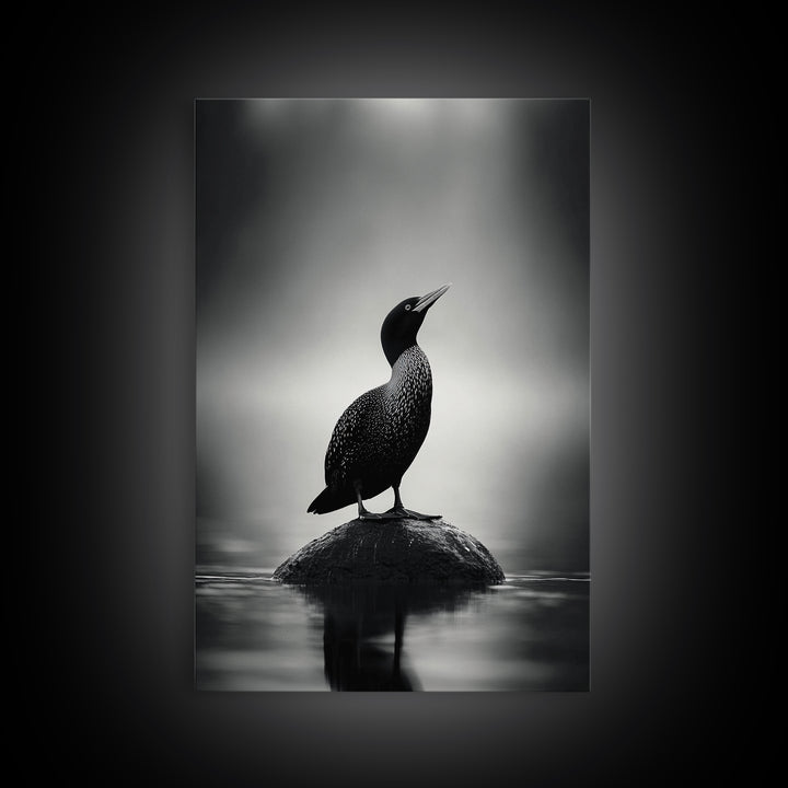 Loon on Rock, Morning Mist, Water Bird Focus, Canvas Print, Minimalist Animal Art, Office Decor, Tranquil Lake Scene Wall Art