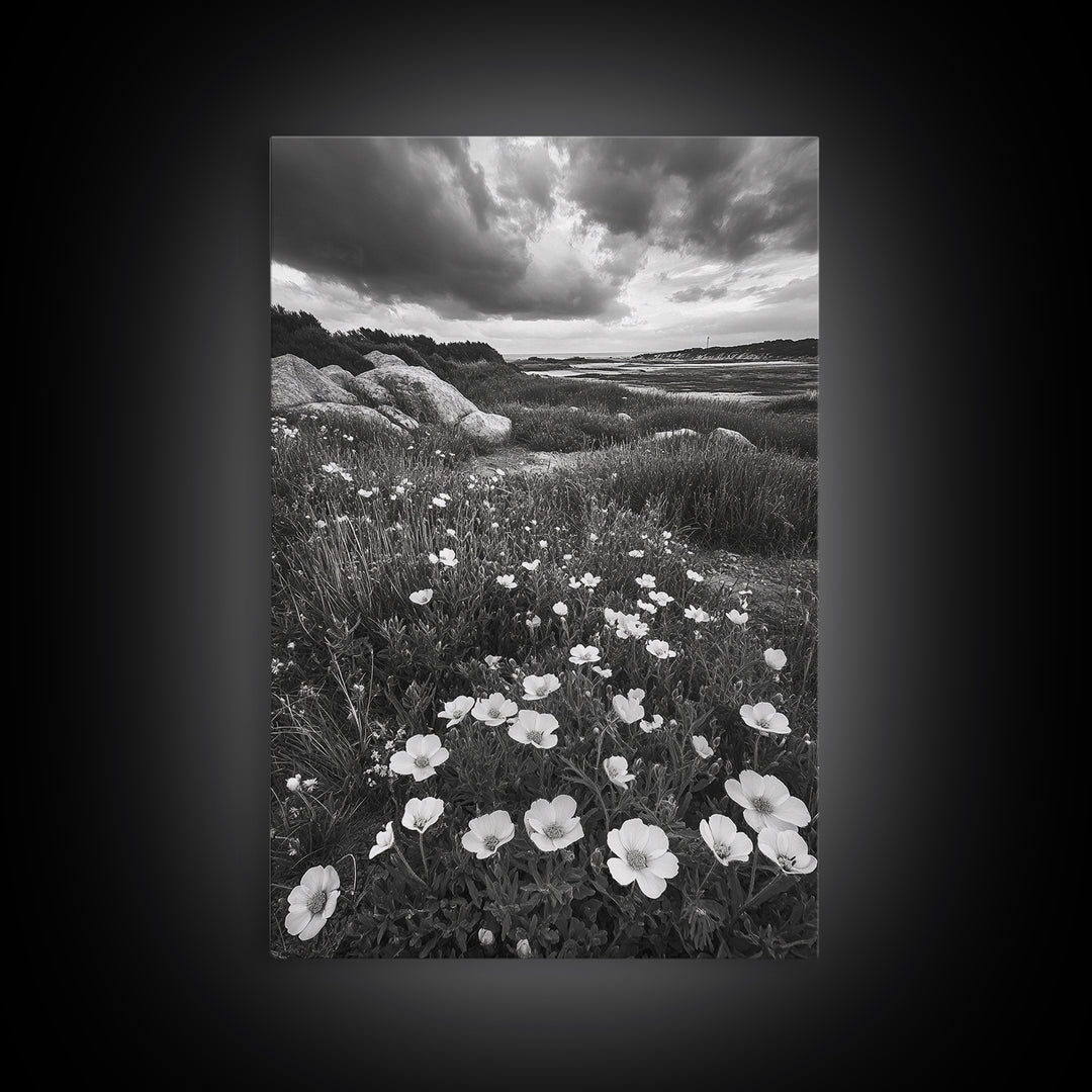Meadow Bloom, Coastal Flowers, Stormy Sky, Framed Canvas Print, Spring Wall Art, Nature Photography, Kitchen Botanical Decor
