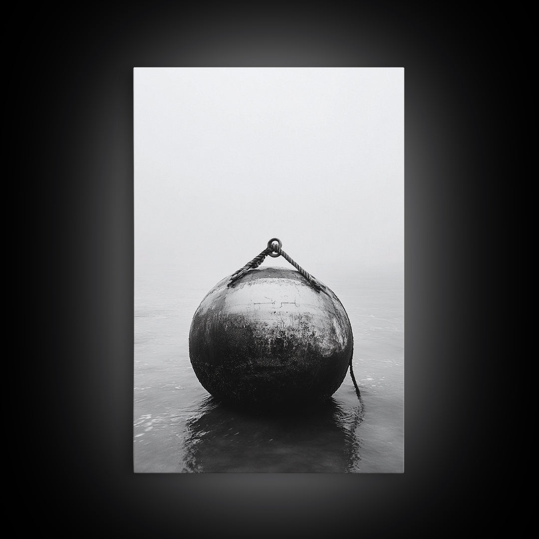 Buoy Stillness, Ocean Fog, Minimal Water, Framed Canvas Print, Nautical Wall Art, Bathroom Decor, Calm Coastal Black and White Art