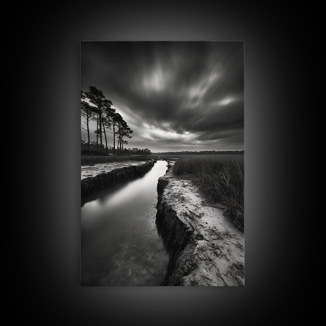 Misty Marsh Path, Moody Landscape, Nature Wall Decor, Living Room Art, Canvas Print, Black and White Photography, Autumn Wall Art