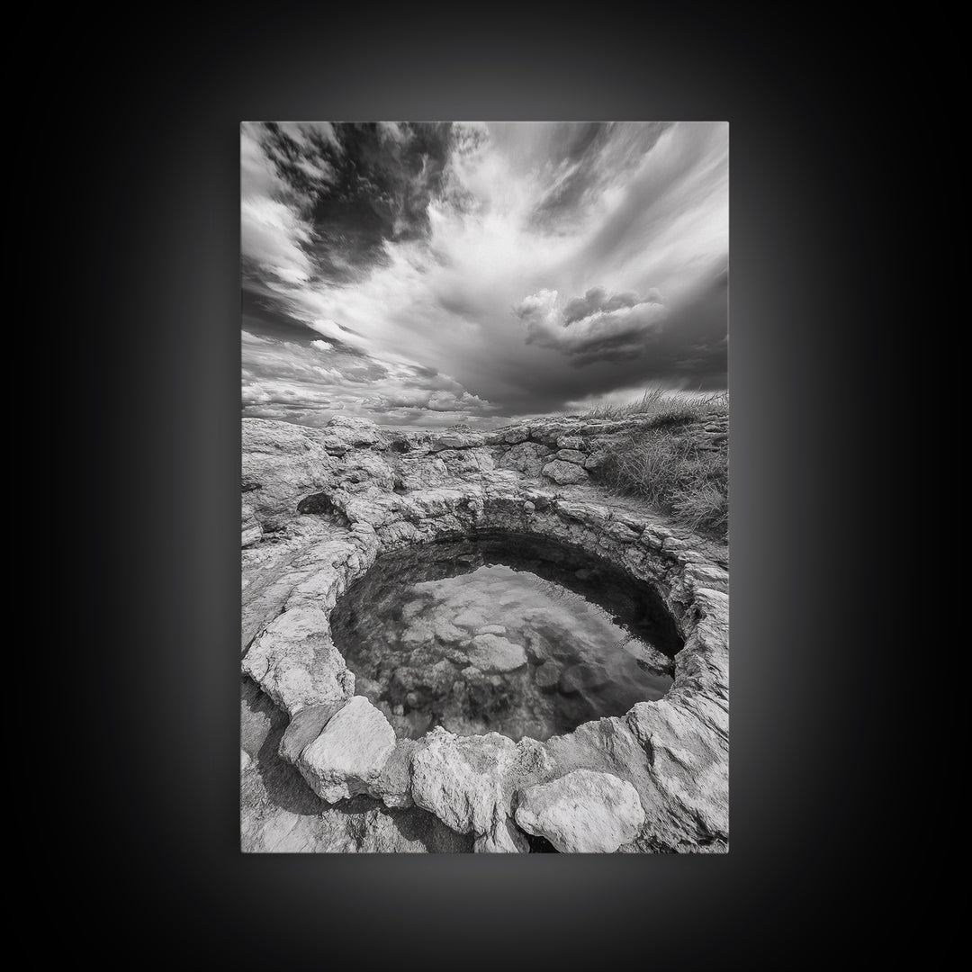 Natural Stone Pool, Sky Reflections, Framed Canvas Print, Bathroom Wall Art, Earthy Neutral Decor, Minimalist Landscape
