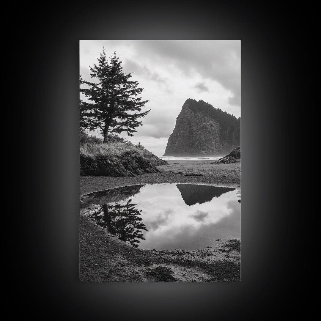 Coastal Rock Reflections, Nature Photography, Ocean Landscape, Framed Canvas Print, Moody Living Room Art, Minimal Decor