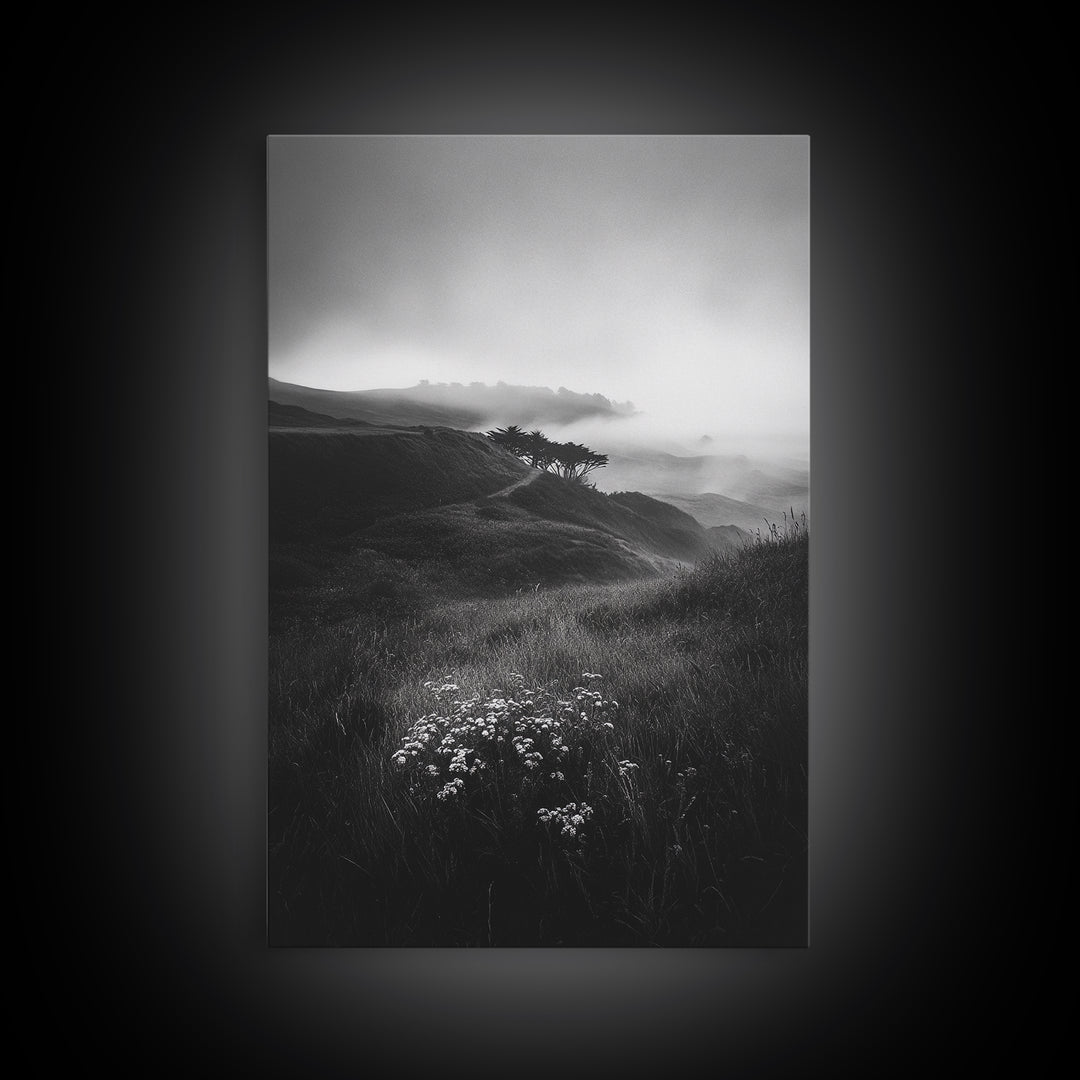 Rolling Mist Hills, Dreamy Countryside, Framed Canvas Print, Black and White Wall Art, Bedroom Calm Decor, Nature Landscape