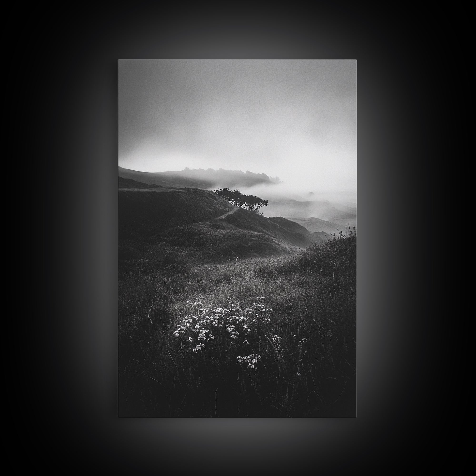 Rolling Mist Hills, Dreamy Countryside, Framed Canvas Print, Black and White Wall Art, Bedroom Calm Decor, Nature Landscape
