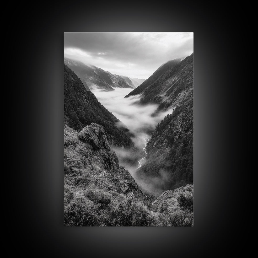 Foggy Mountain Valley, Nature Escape, Serene Wall Art, Framed Canvas Print, Adventure Photography, Cabin Autumn Decor