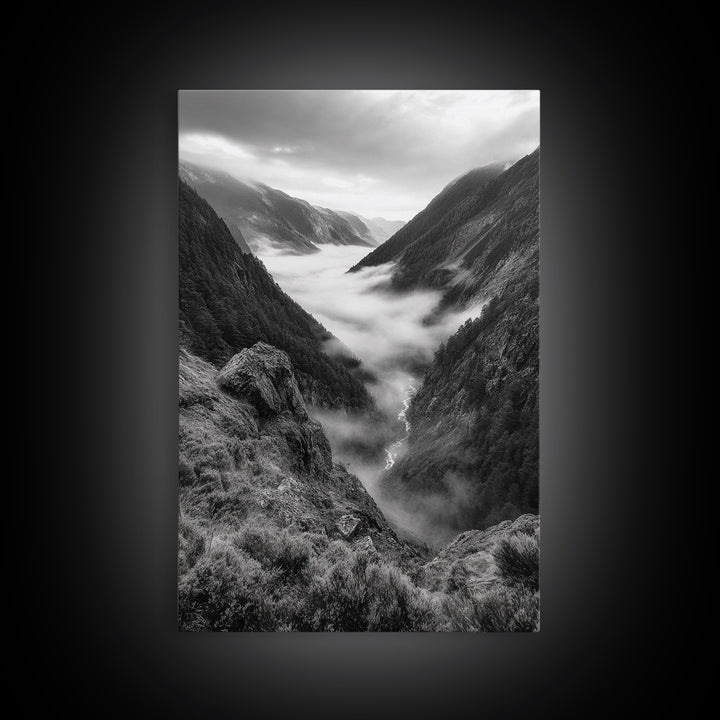 Foggy Mountain Valley, Nature Escape, Serene Wall Art, Framed Canvas Print, Adventure Photography, Cabin Autumn Decor