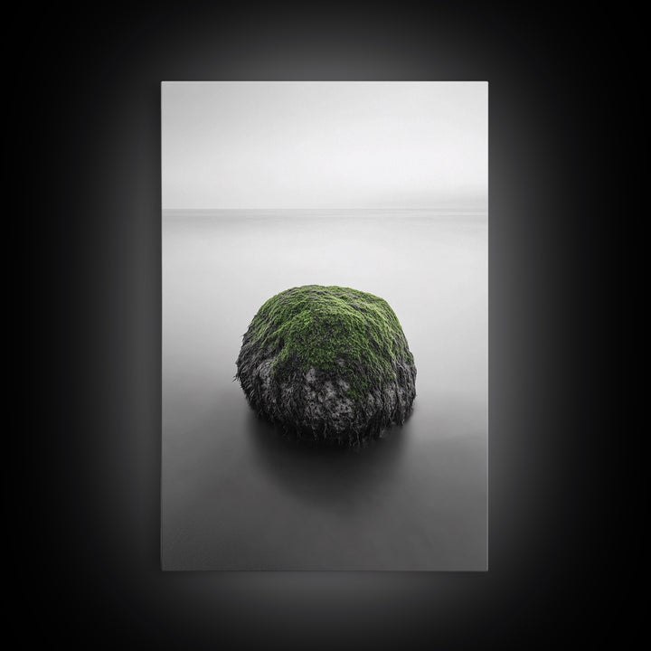Moss Rock Minimal, Green Accent Art, Coastal Zen Decor, Framed Canvas Print, Modern Neutral Room, Nature Wall Aesthetic