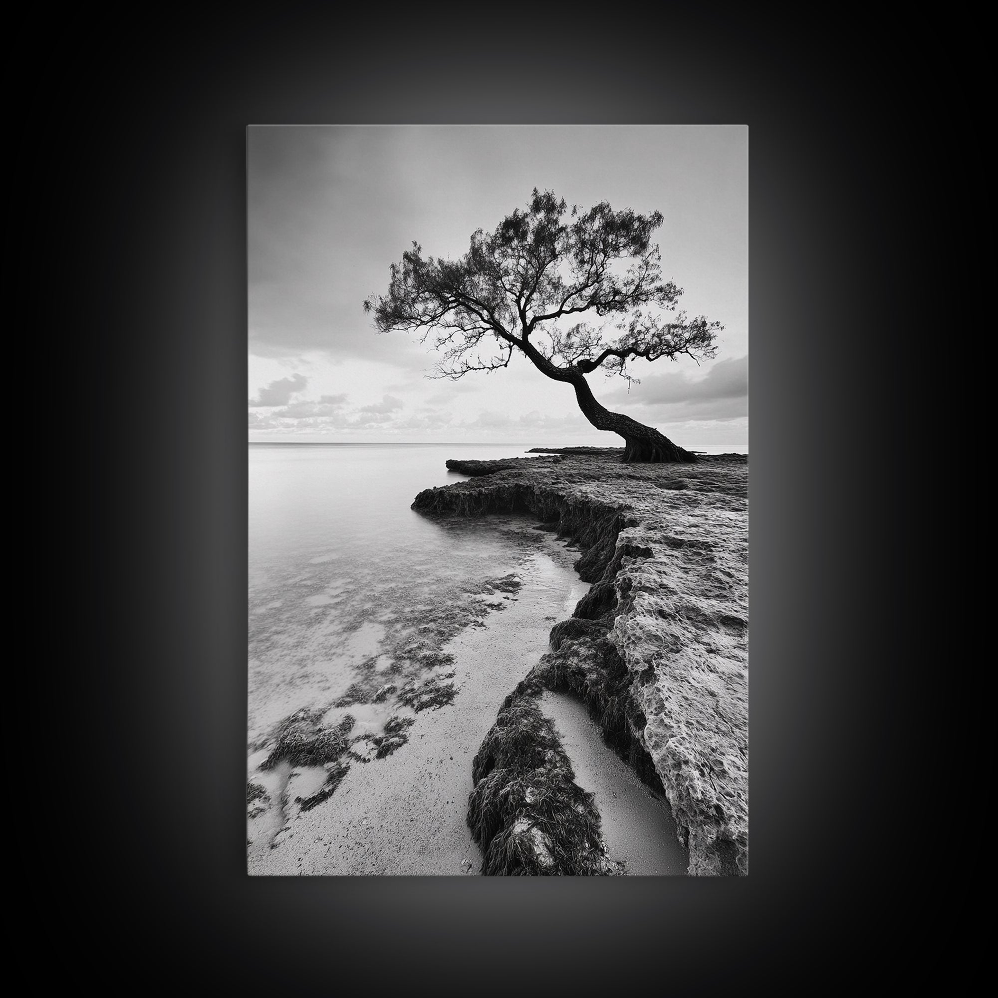 Coastal Tree Silhouette, Serene Nature Art, Ocean Wall Scene, Framed Canvas Print, Beach House Decor, Minimalist Design