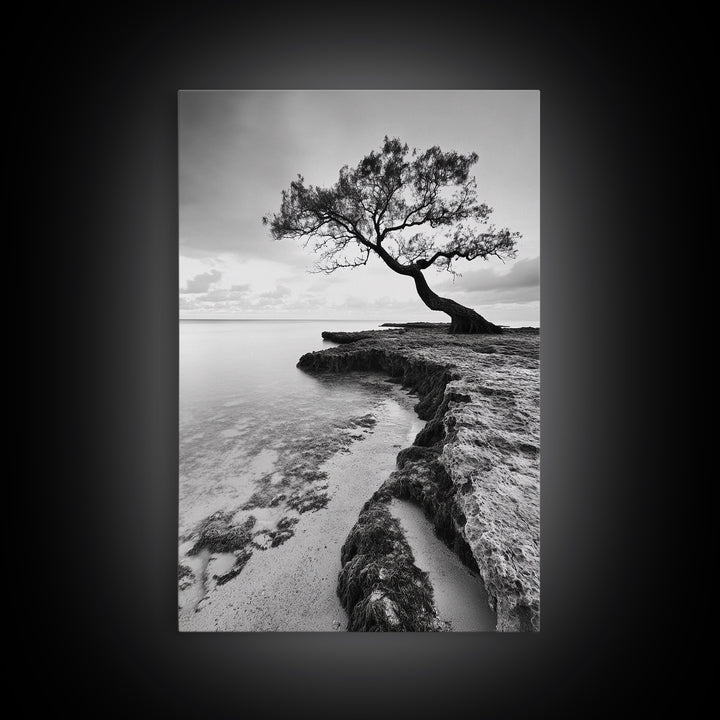 Coastal Tree Silhouette, Serene Nature Art, Ocean Wall Scene, Framed Canvas Print, Beach House Decor, Minimalist Design