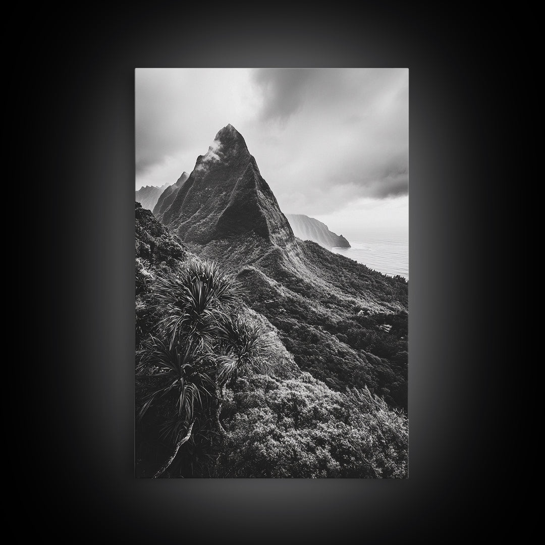 Lush Mountain Range, Cloud Covered Peaks, Jungle Tranquility, Framed Canvas Print, Entryway Wall Art, Black and White Nature, Boho Wall Art