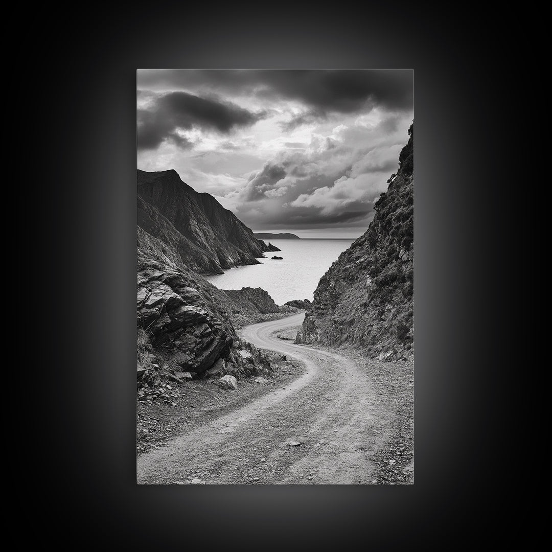 Coastal Road Curve, Rugged Cliff Path, Dramatic Seascape, Canvas Print, Office Wall Art, Monochrome Nature Art, Rustic Home Decor