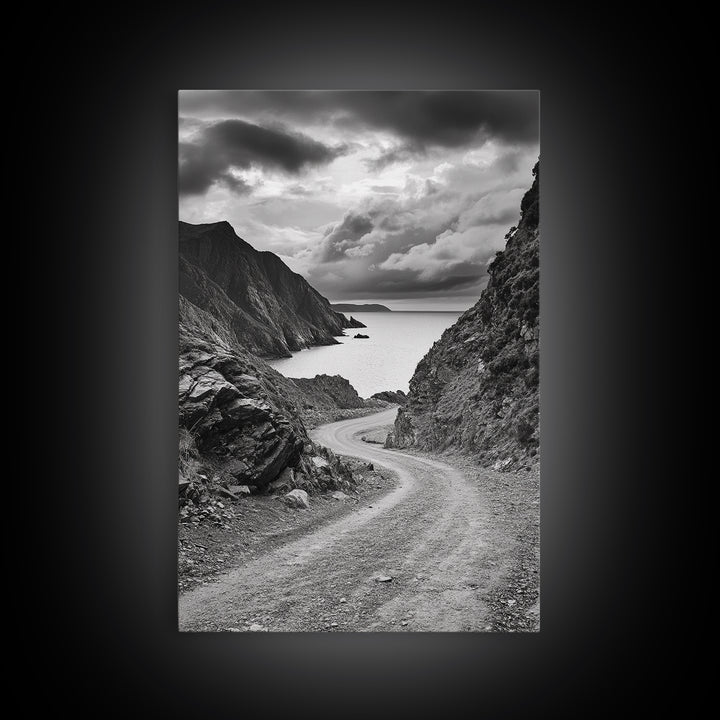 Coastal Road Curve, Rugged Cliff Path, Dramatic Seascape, Canvas Print, Office Wall Art, Monochrome Nature Art, Rustic Home Decor