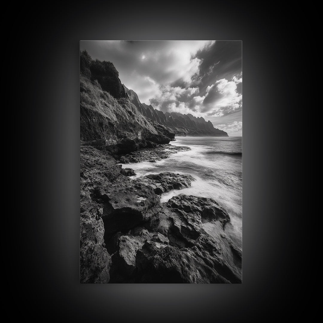 Coastal Cliffs, Ocean Horizon, Wild Waves, Framed Canvas Print, Bathroom Wall Art, Black and White Seascape, Coastal Decor, Moody Art