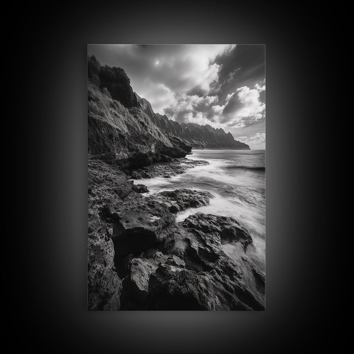 Coastal Cliffs, Ocean Horizon, Wild Waves, Framed Canvas Print, Bathroom Wall Art, Black and White Seascape, Coastal Decor, Moody Art