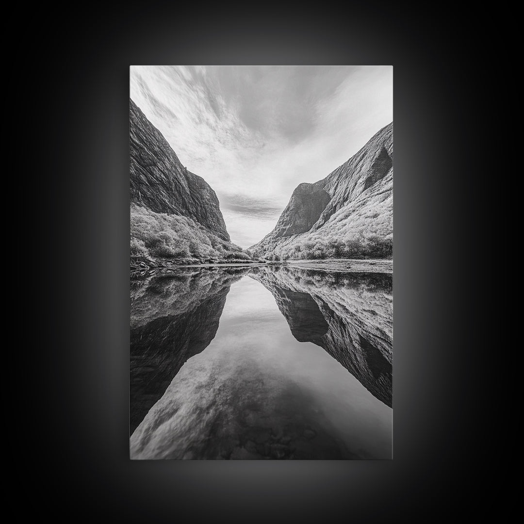 Fjord Reflection, Mountain Valley Calm, Mirror Lake, Canvas Print, Hallway Wall Art, Scandinavian Style Art, Black and White Minimalist