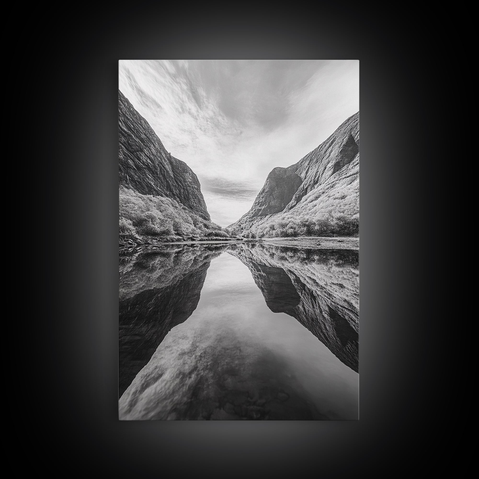 Fjord Reflection, Mountain Valley Calm, Mirror Lake, Canvas Print, Hallway Wall Art, Scandinavian Style Art, Black and White Minimalist