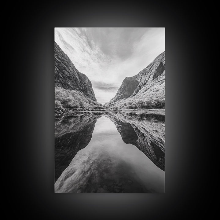 Fjord Reflection, Mountain Valley Calm, Mirror Lake, Canvas Print, Hallway Wall Art, Scandinavian Style Art, Black and White Minimalist