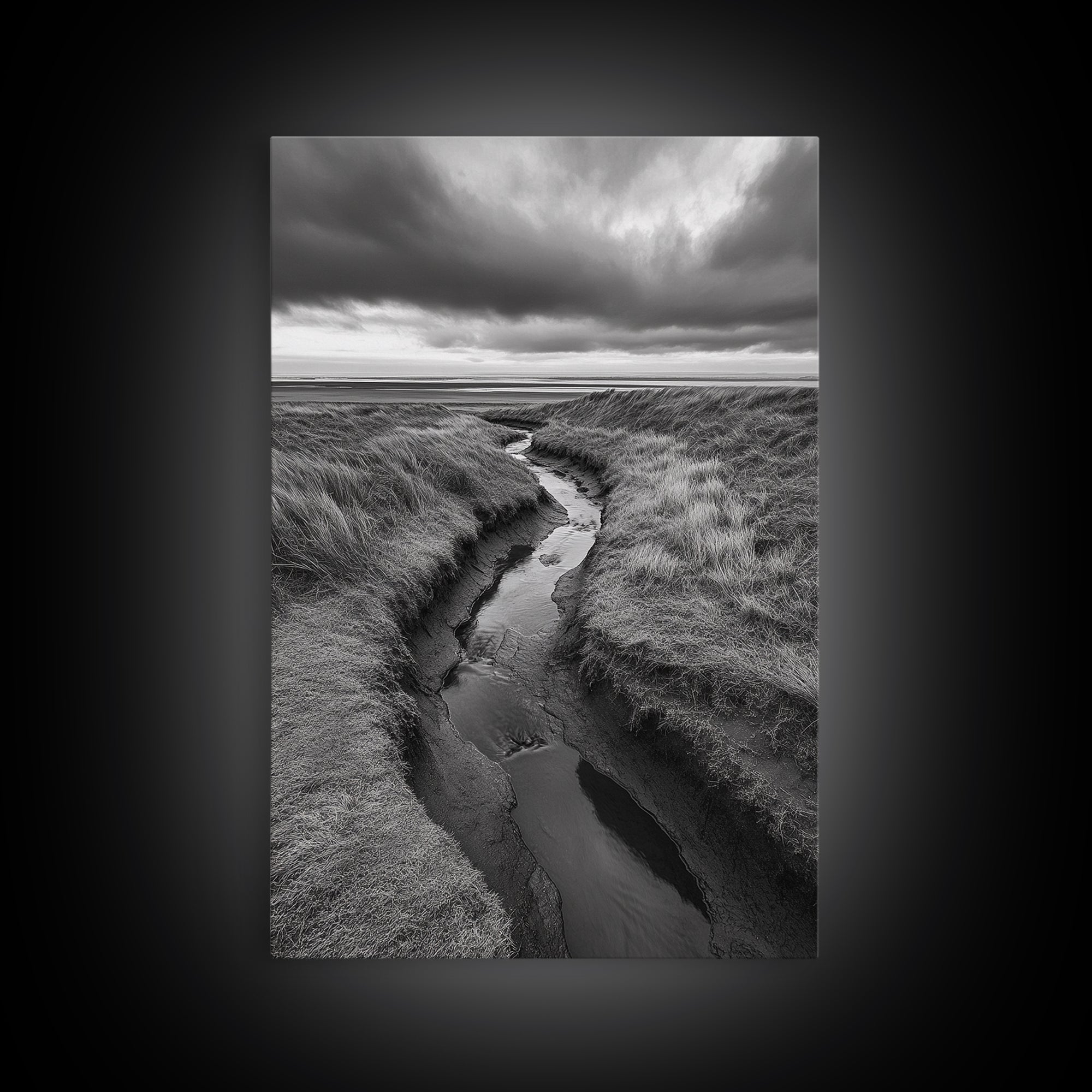 Winding Stream, Grassy Dunes, Ocean Horizon, Canvas Print, Kitchen Wall Art, Black and White Nature Scene, Coastal Rustic Decor