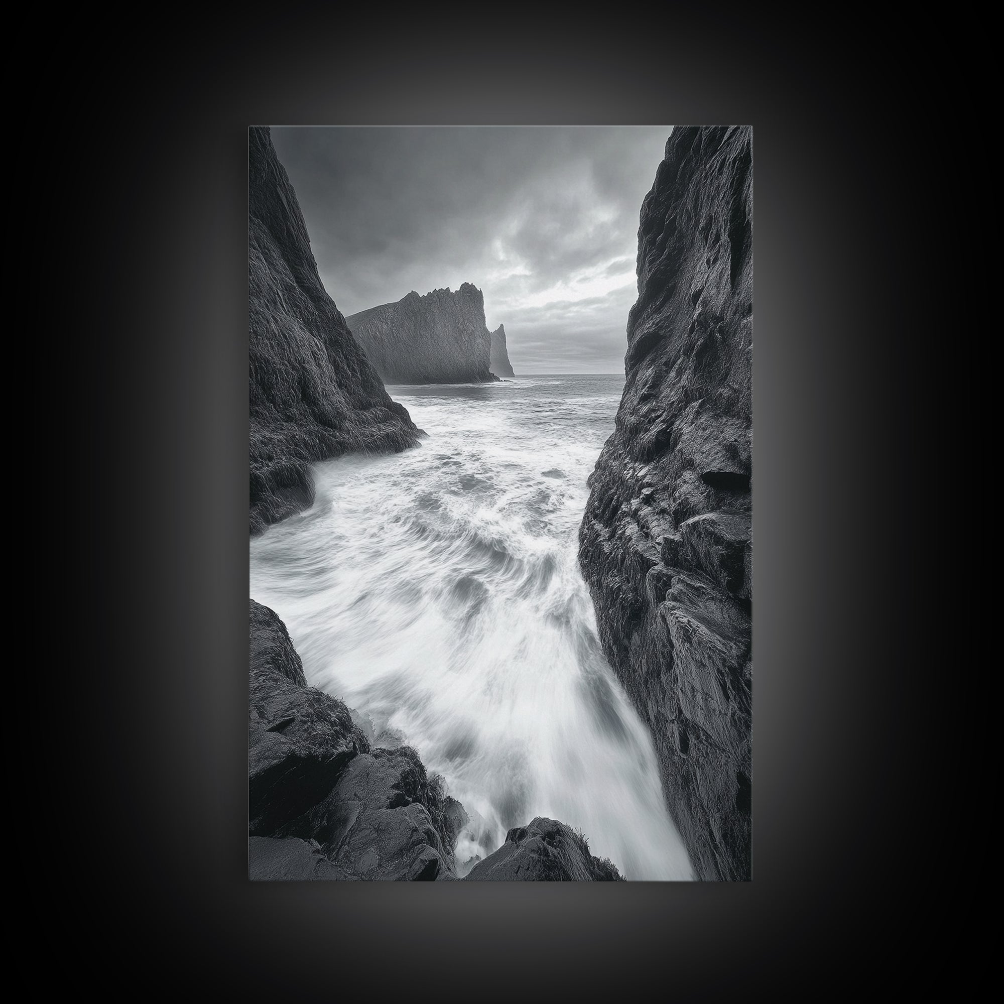 Stormy Coast, Crashing Waves, Ocean Drama, Framed Canvas Print, Living Room Wall Art, Bold Seascape Photography, Monochrome Modern Art