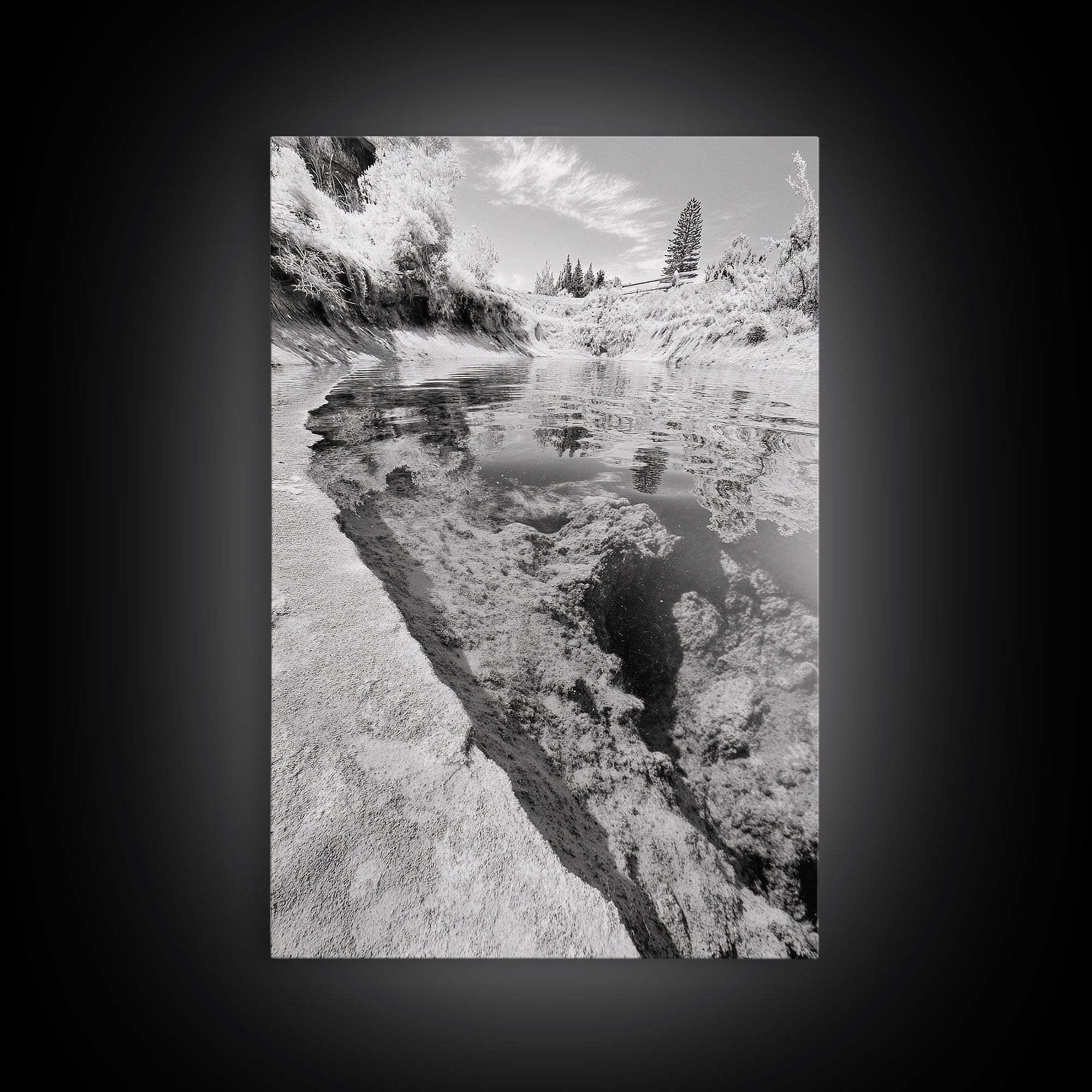 Reflective Riverbed, Nature Tranquility, Monochrome Landscape, Canvas Print, Bathroom Wall Art, Zen Decor, Fine Art Photography